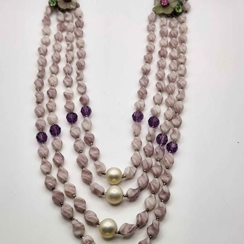 Vintage 3-Strand Statement Necklace – Lavender Art Glass & Crystal
